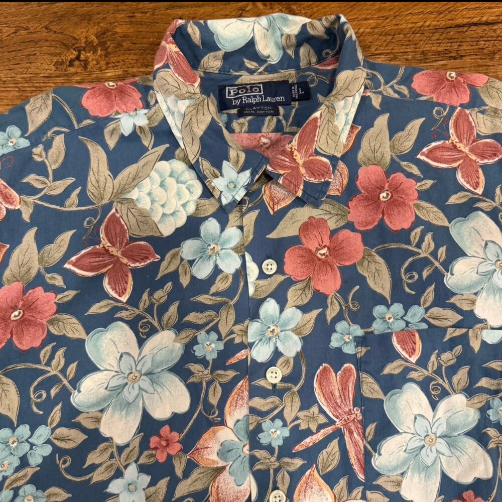 VTG Polo Ralph Lauren Blue Floral Clayton‎ Hawaiian Loop Button Up Shirt Men's L